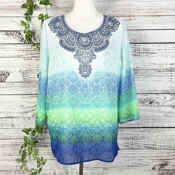 Alfred Dunner Blouse Top Plus size 18 Blue Green Beads Sequins Boho Peasant Slim - Picture 1 of 10